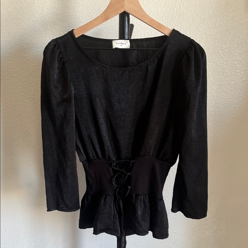 Aritzia Everly Black Lace-Up Peplum Blouse